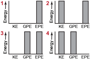 Possible bar graphs of kinetic energy, gravitational potential energy, and elastic potential energy for a pole vaulter right before leaving the ground